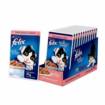 purina felix® as good as it looks wet food for adult cats|complete and balanced cat food |salmon flavour |12 pouches (12 x 85 g) |buy 10 get 2 free