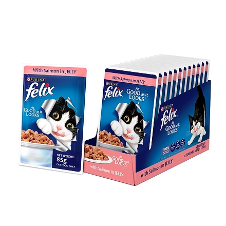 FELIX® As Good As It Looks Wet Food for Adult Cats|Complete and Balanced Cat Food |Salmon Flavour |12 Pouches (12 x 85 g) |Buy 10 Get 2 Free-SalmonFlavour