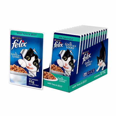 purina felix® as good as it looks wet food for adult cats|complete and balanced cat food |tuna flavour |12 pouches (12 x 85 g) |buy 10 get 2 free