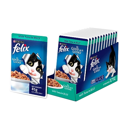 FELIX® As Good As It Looks Wet Food for Adult Cats|Complete and Balanced Cat Food |Tuna Flavour |12 Pouches (12 x 85 g) |Buy 10 Get 2 Free-TunaFlavour
