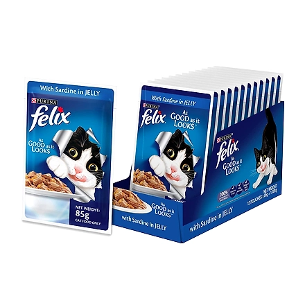 FELIX® As Good As It Looks Wet Food for Adult Cats|Complete and Balanced Cat Food |Sardine Flavour |12 Pouches (12 x 85 g) |Buy 10 Get 2 Free-TunaSalmonChicken