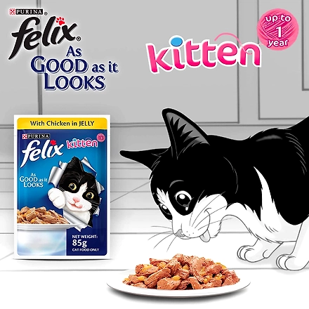 FELIX® As Good As It Looks Wet Food for Kittens|Complete and Balanced Kitten Food |Chicken Flavour |12 Pouches (12 x 85 g) |Buy 10 Get 2 Free-1