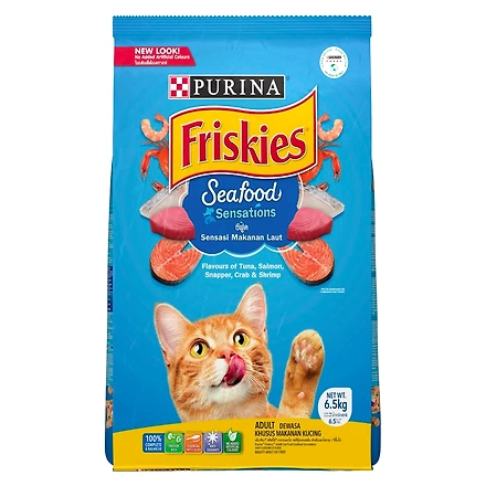 Purina FRISKIES Seafood Sensations Adult Cat Food, Tuna Salmon Whitefish Crab &amp; Shrimp Flavours, 6.5kg-SF65