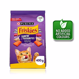 purina friskies surfin' favourites adult cat food, mackerel tuna salmon & sardine flavours, 400g