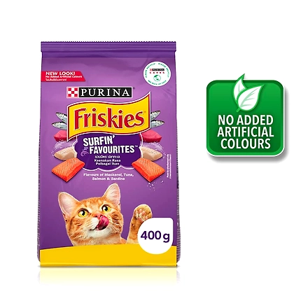 Purina FRISKIES Surfin' Favourites Adult Cat Food, Mackerel Tuna Salmon &amp; Sardine Flavours, 400g-SRF400