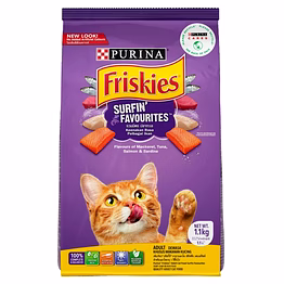 purina friskies surfin' favourites dry adult cat food, mackerel tuna salmon & sardine flavours, 1.1kg