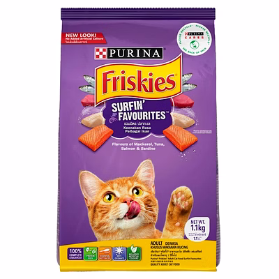 purina friskies surfin' favourites dry adult cat food, mackerel tuna salmon & sardine flavours, 1.1kg