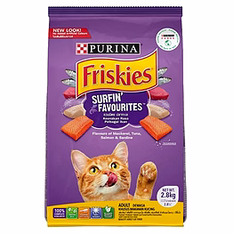 purina friskies surfin favourites adult cat food with mackerel, tuna, salmon & sardine flavours, 2.8kg pack