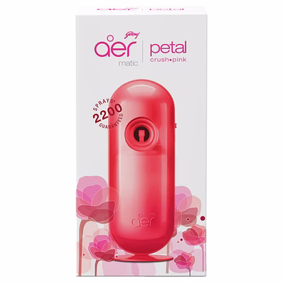 godrej aer matic kit - automatic room fresheners with flexi control spray | petal crush pink,relax | 2200 sprays guaranteed | lasts up to 60 days (225ml)