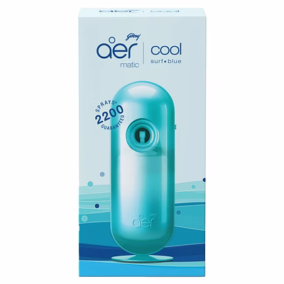 godrej aer matic kit - automatic room fresheners with flexi control spray | cool surf blue | 2200 sprays guaranteed | lasts up to 60 days (225ml)