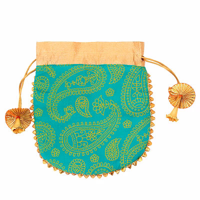 a kool kraft- women rajasthani traditional buti print green cotton potli for shagun function festival celebration return gift drawstring pouches multi purpose 8.5x7.5 inches
