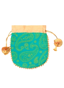 A KOOL KRAFT- Women Rajasthani Traditional Buti Print Green Cotton Potli for Shagun Function Festival Celebration Return Gift Drawstring Pouches Multi Purpose 8.5X7.5 Inches