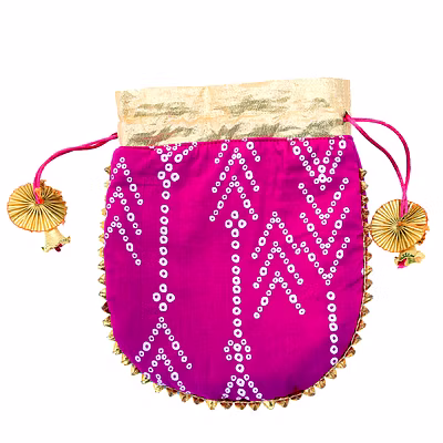 A KOOL KRAFT- Women Rajasthani Traditional Bandhej Print Purple Cotton Potli for Shagun Function Festival Celebration Return Gift Drawstring Pouches Multi Purpose 8.5X7.5 Inches