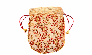 A KOOL KRAFT- Women Rajasthani Traditional Embroidery Red Silk Potli for Shagun Function Festival Celebration Return Gift Drawstring Pouches Multi Purpose 8.5X7 Inches
