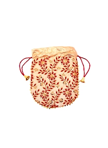A KOOL KRAFT- Women Rajasthani Traditional Embroidery Red Silk Potli for Shagun Function Festival Celebration Return Gift Drawstring Pouches Multi Purpose 8.5X7 Inches