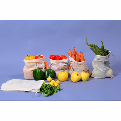 a kool kraft- 100% cotton eco-friendly reusable washable fridge storage potli bag for vegetable and fruits dry fruits use multipurpose set of 5 pcs size 10x8 inches