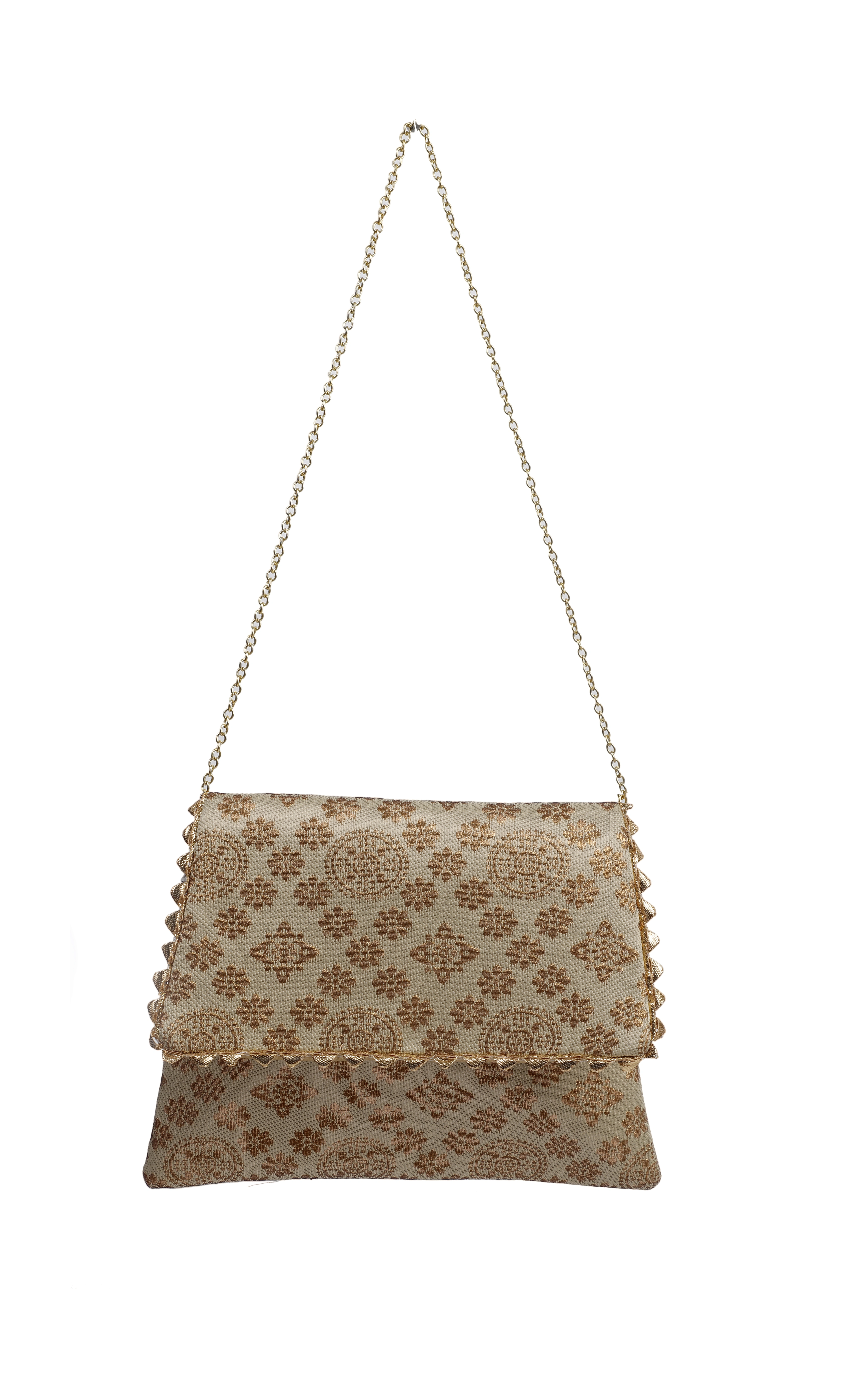 A KOOL KRAFT- WOMEN SLING BAG | CROSS-BODY | BUTI PRINT | BROCADE FABRIC | GOLD CHAIN | MAGNET WITH ZIP CLOSER-AKK001