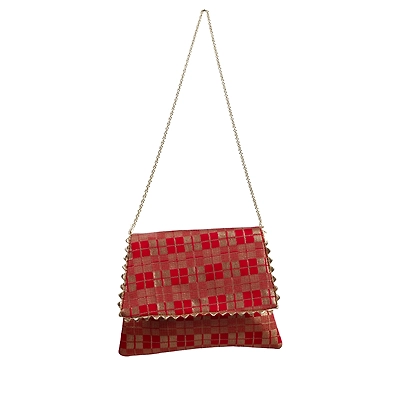 A KOOL KRAFT- WOMEN SLING BAG | CROSS-BODY | CHECK PRINT | BROCADE FABRIC | GOLD CHAIN | MAGNET WITH ZIP CLOSER