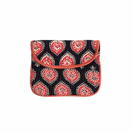a kool kraft- women cotton kantha work black red buti clutch | bag |purse | with flap | size 8x6 inches | with sling gold chain | shopping | party | function