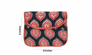 A Kool Kraft- Women Cotton Kantha Work Black Red Buti Clutch | Bag |Purse | With Flap | Size 8X6 Inches | With Sling Gold Chain | Shopping | Party | Function