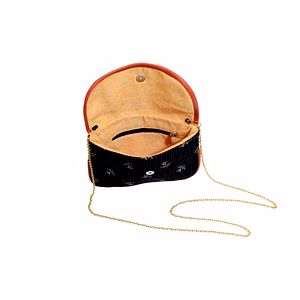 A Kool Kraft- Women Cotton Kantha Work Black Beige Buti Clutch | Bag |Purse | With Flap | Size 8X6 Inches | With Sling Gold Chain | Shopping | Party | Function