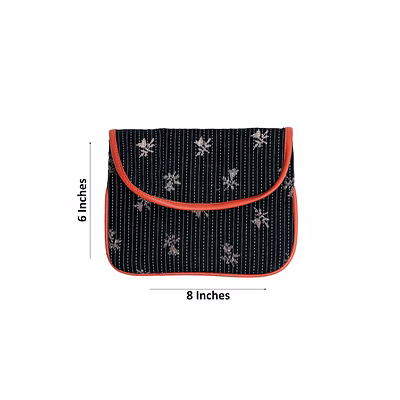 a kool kraft- women cotton kantha work black beige buti clutch | bag |purse | with flap | size 8x6 inches | with sling gold chain | shopping | party | function