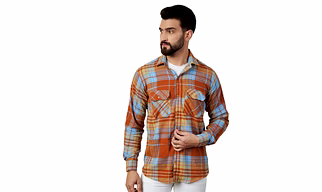 Orange Checkered Patch Pocket Flannel Shirt