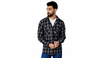Black Cotton Checkered Double Pocket Flannel Shirt