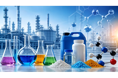 Modern industrial chemical manufacturing facility with storage systems, processing equipment, and sa