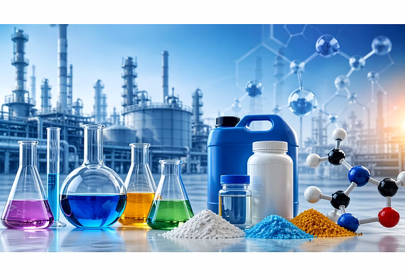 Modern industrial chemical manufacturing facility with storage systems, processing equipment, and sa