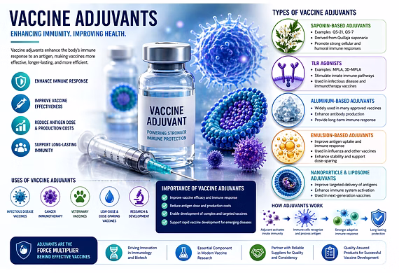 Advanced biotechnology laboratory scene representing vaccine adjuvants and modern vaccine developmen