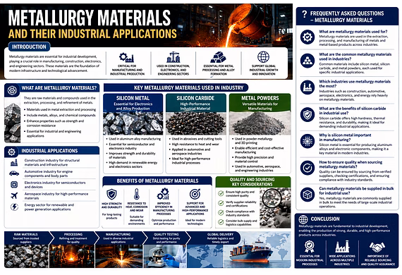 Industrial metallurgy materials including silicon metal, silicon carbide, and metal powders used in
