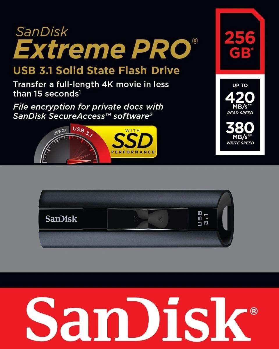 256 GB Western Digital Solid State Flash Drive San disk Extreme Pro SDCZ880-256G-G46 USB 3.1 Black 3 Yrs. warranty-6