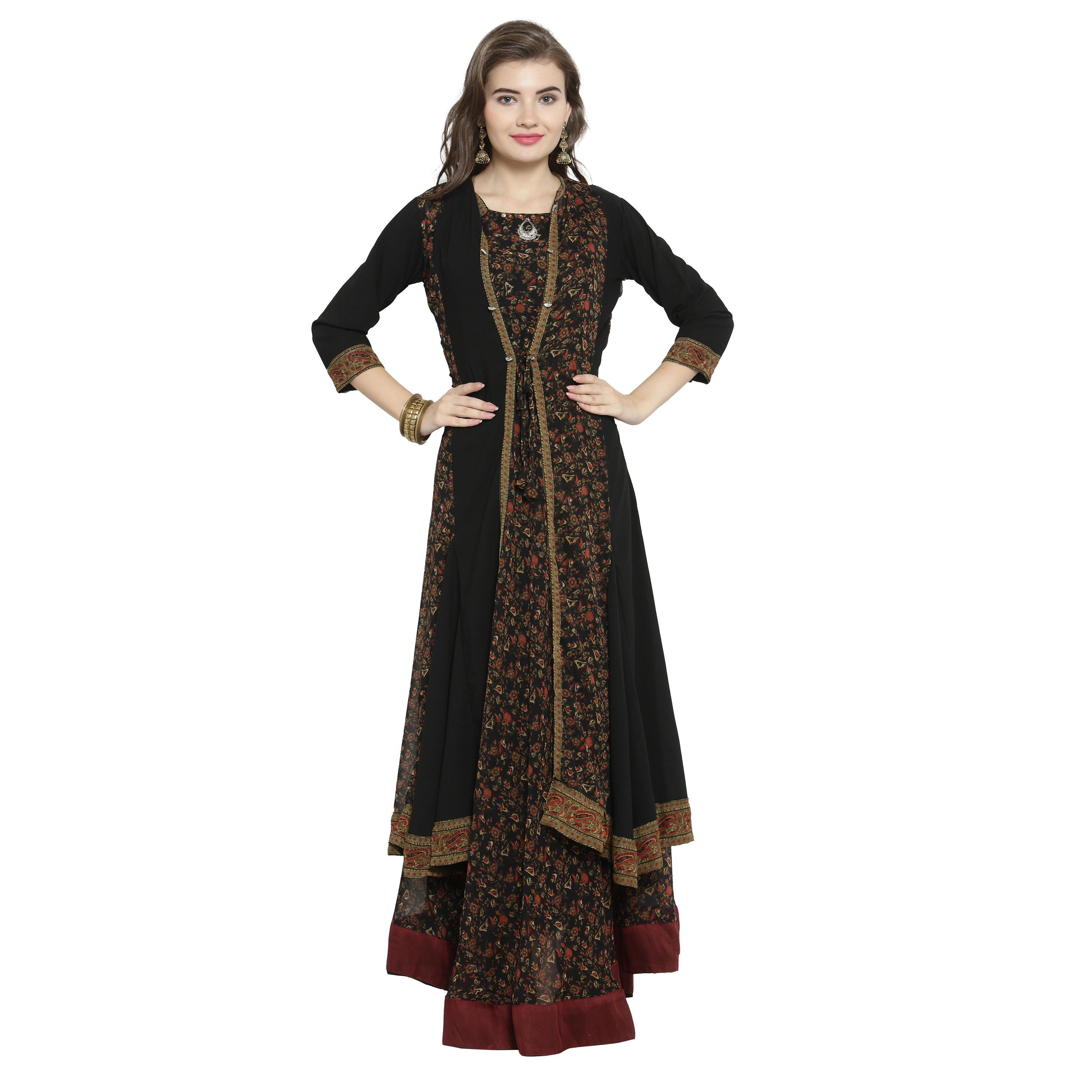 Women Black &amp; Brown Floral Print Fusion Georgette A-Line Kurta-10473102