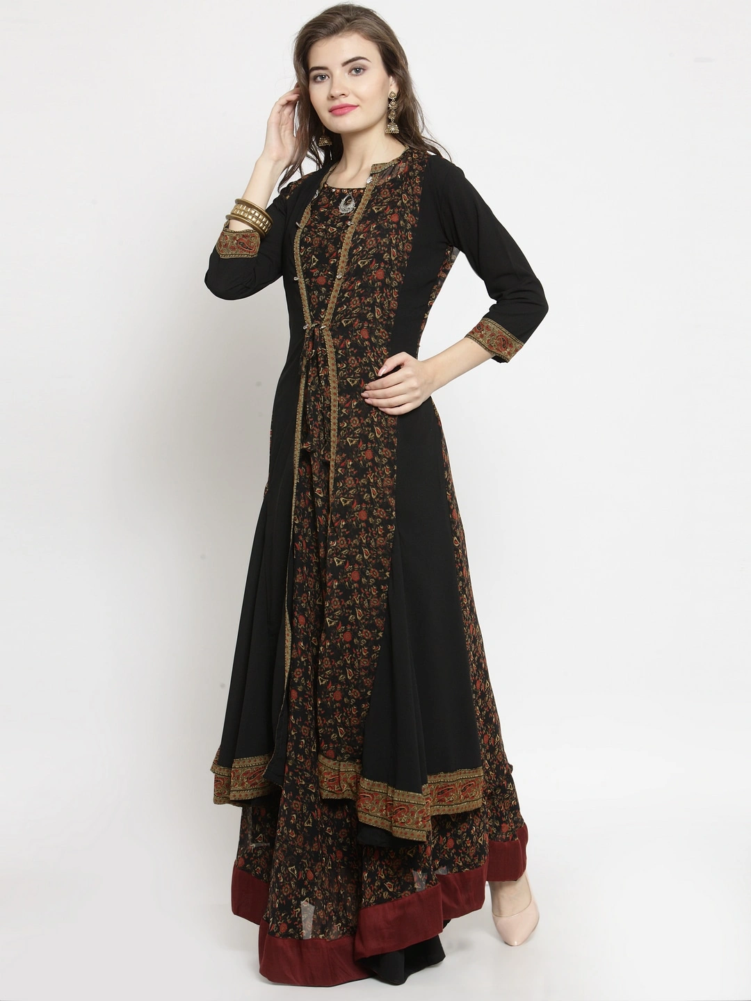 Women Black &amp; Brown Floral Print Fusion Georgette A-Line Kurta-10473106