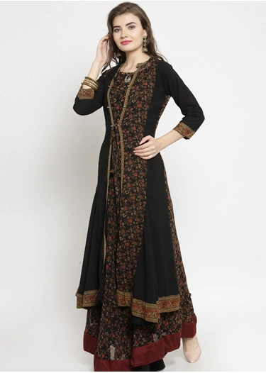 Women Black &amp; Brown Floral Print Fusion Georgette A-Line Kurta-10473098