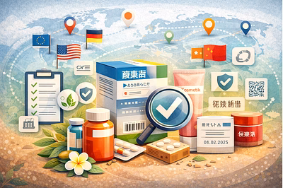 Pharmaceutical and cosmetic packaging with multilingual regulatory labeling for export