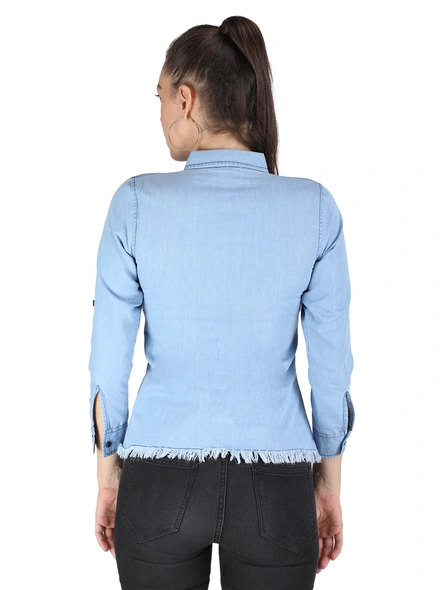 Fringed Curved Blue Denim Shirt-XL-4