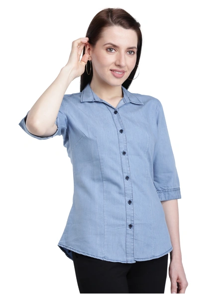 Plain Blue Denim Shirt-S-3