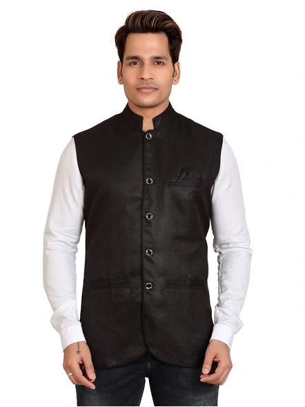 Black Slim Fit Textured Knit Nehru Jacket-BSFTKNJ-M