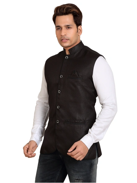 Black Slim Fit Textured Knit Nehru Jacket-L-Black-1