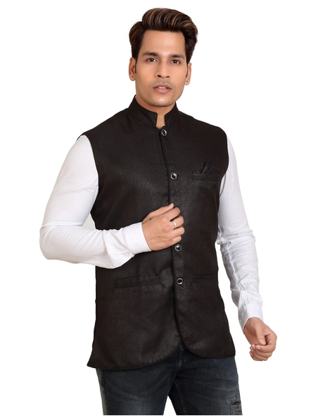 Black Slim Fit Textured Knit Nehru Jacket-XXL-Black-2