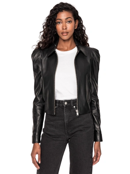 Puff Sleeves Black Leather Jacket-XXXL-1