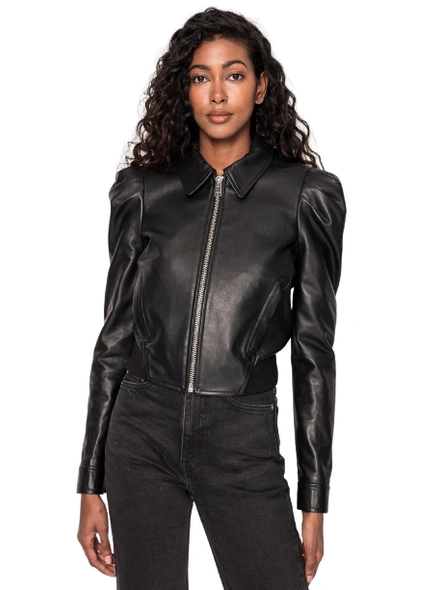 Puff Sleeves Black Leather Jacket-XL-2