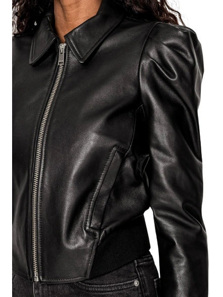 Puff Sleeves Black Leather Jacket-XXL-4