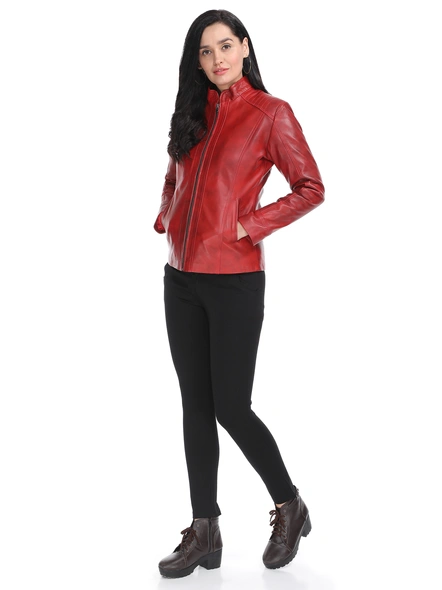 Slim Fit Zip-Front Leather Red Biker Jacket-XS-1