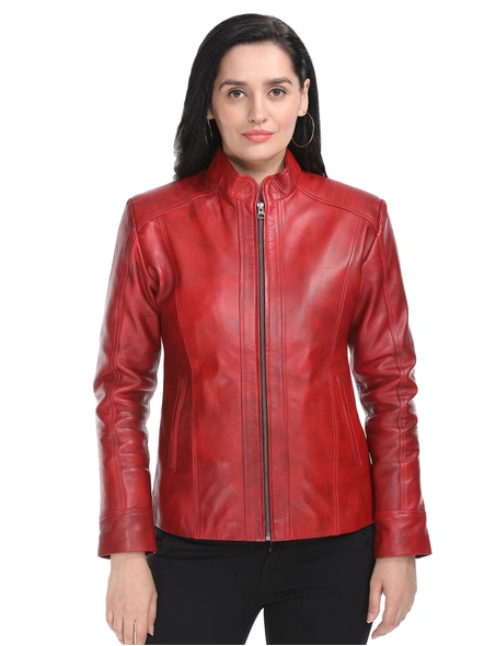 Slim Fit Zip-Front Leather Red Biker Jacket-SFZFLRBJ-XS