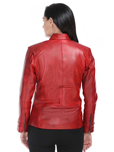 Slim Fit Zip-Front Leather Red Biker Jacket-XXXL-4