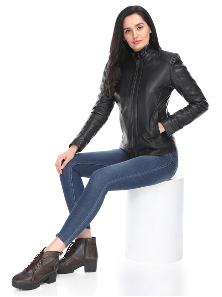 Slim Fit Zip-Front Leather Black Biker Jacket-M-1