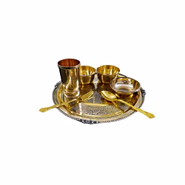 brass etching thali set with 1 etching design thali, 1 etching design glass, 2 etching design katori, 1 pudding katori, one fork and one spoon(7 piece set)